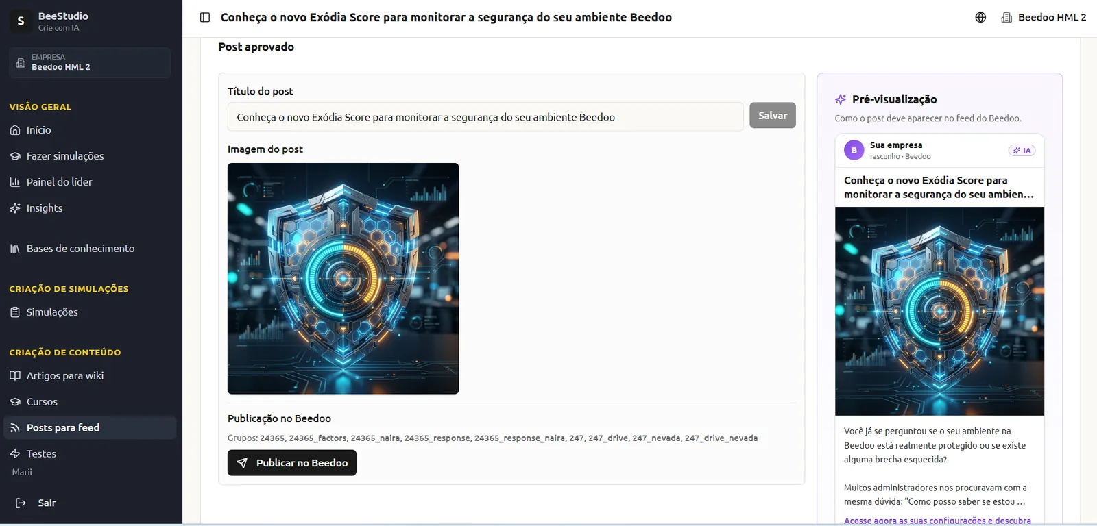 BeeStudio · Crie — Posts para o Feed · pré-visualização e aprovação do post gerado pela IA