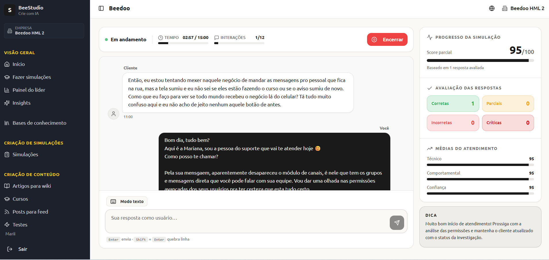 BeeStudio · Simulate & Evaluate — Simulation in progress · partial score and real-time answer evaluation